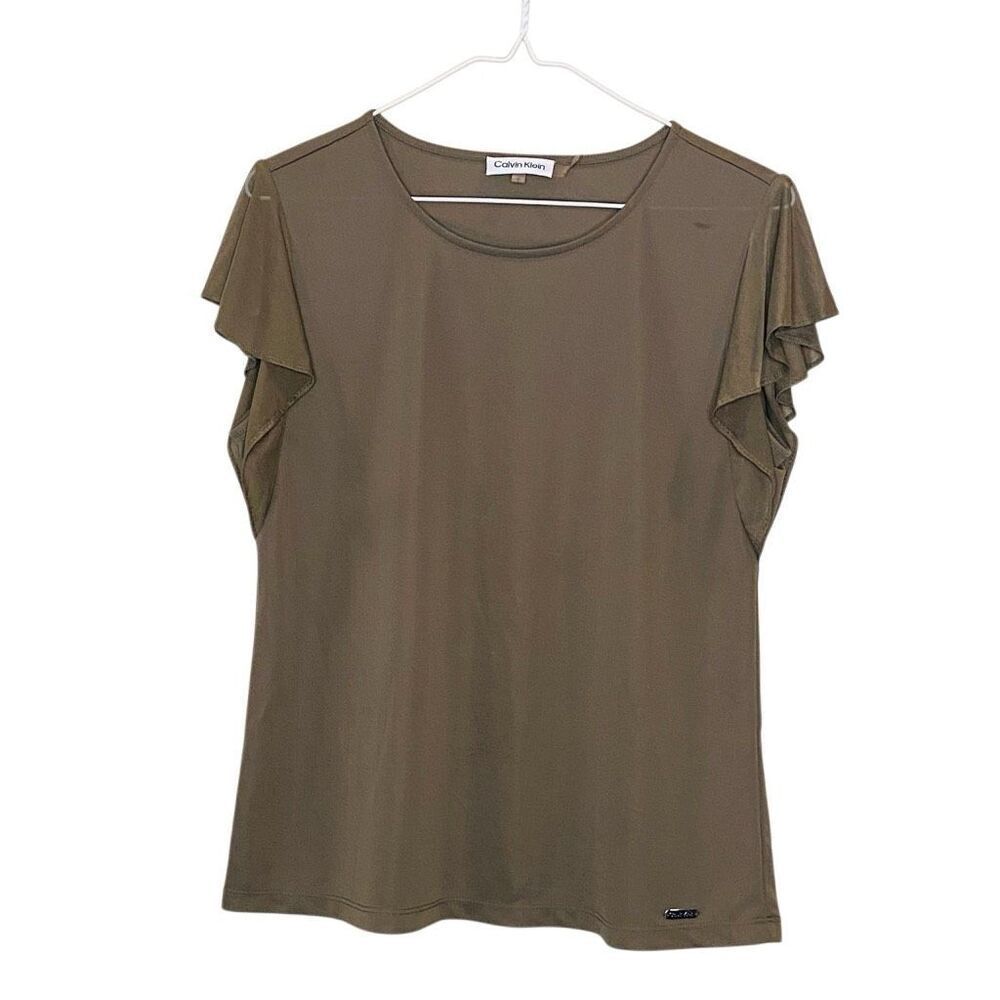 Calvin Klein Scoop Neck Sheer Short Flutter Sleeve Top Brown Small